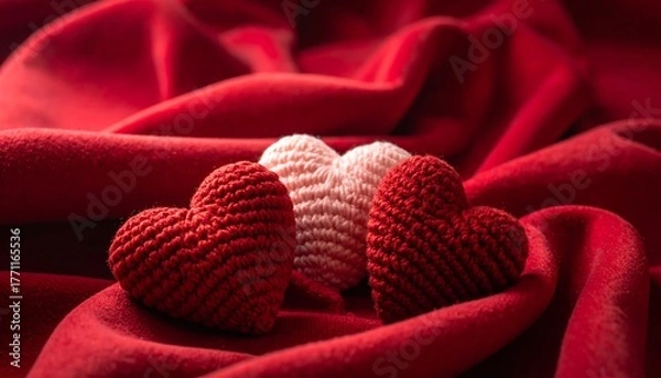 Obraz Three crocheted hearts nestled on a lush, velvety red surface
