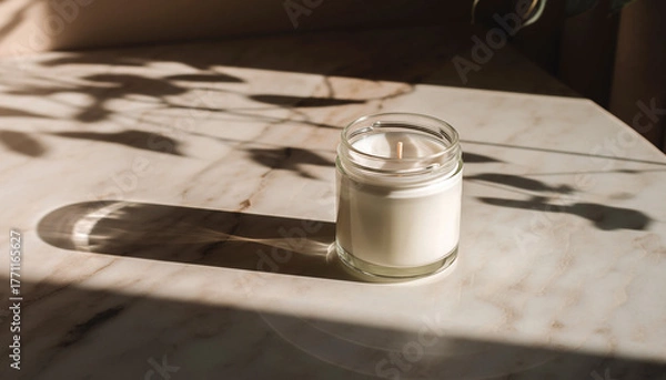 Obraz Scented white candle in transparent glass jar on marble table with sunlight and soft leaf shadows. Relaxing home decor, spa, or self-care product photography concept.