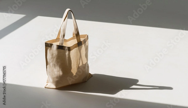 Obraz Minimalist beige fabric tote bag on white floor with sunlight and shadow. Concept of eco lifestyle, sustainability, reusable fashion, and modern simplicity.
