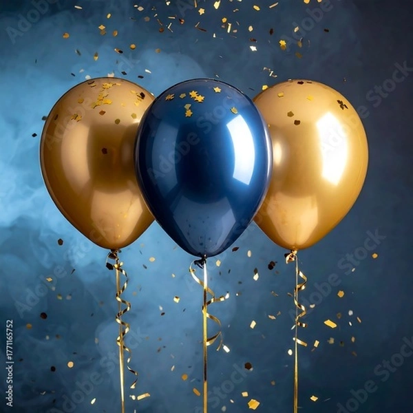 Obraz Three shiny balloons float among golden confetti, dark blue smoky background