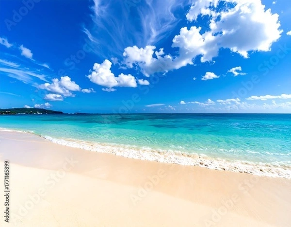 Obraz Tropical beach scene with blue ocean, clear skies, and white sand