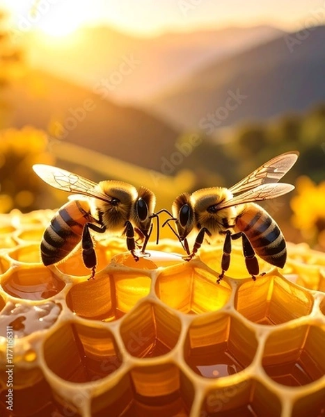Obraz Two bees on honeycomb at golden hour, mountains in the background