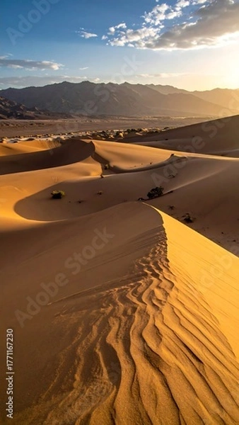 Obraz Winding sand dunes under setting sun with mountains