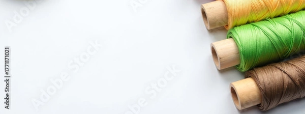 Fototapeta Natural fiber sewing setup, sewing arrangement emphasizing sustainability and organic materials. Ecoconscious textile arrangement featuring green and brown threads on white background