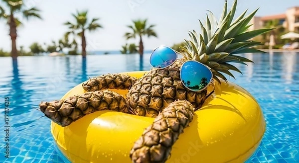 Fototapeta Pineapple Relaxing on an Inflatable in a Tropical Pool
