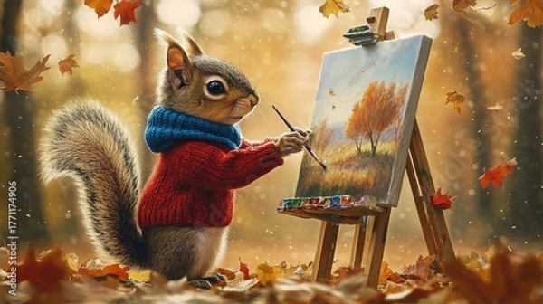 Fototapeta A squirrel in a red sweater and blue scarf painting an autumn scene on a canvas in a forest setting