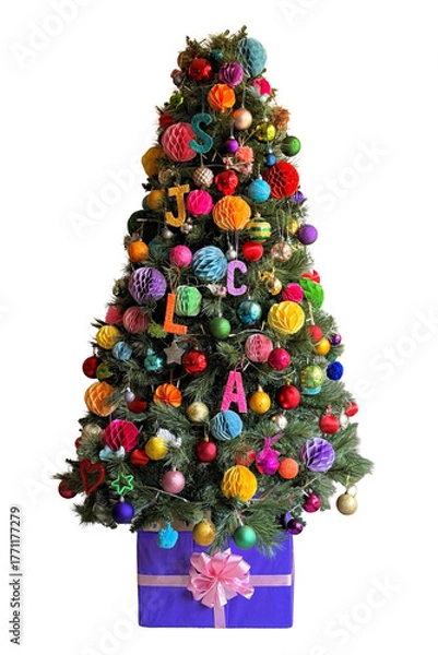 Obraz multicolored Christmas tree decorated with handmade paper ornaments and colourful decorations standing in purple box with pink bow
