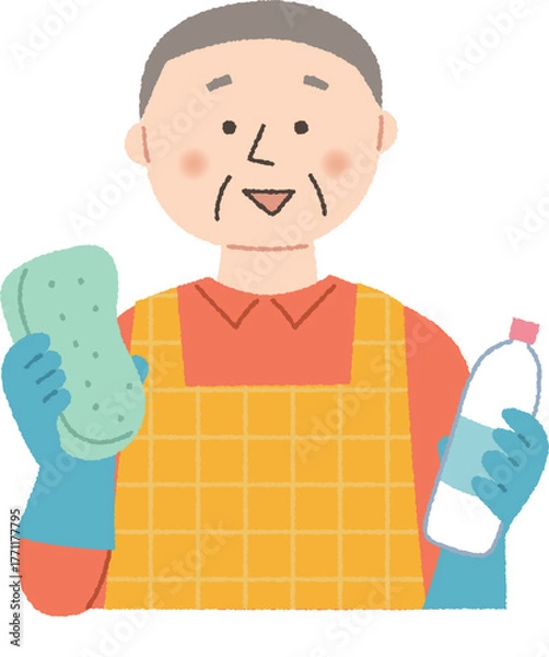 Obraz 清掃道具を持つシニア男性