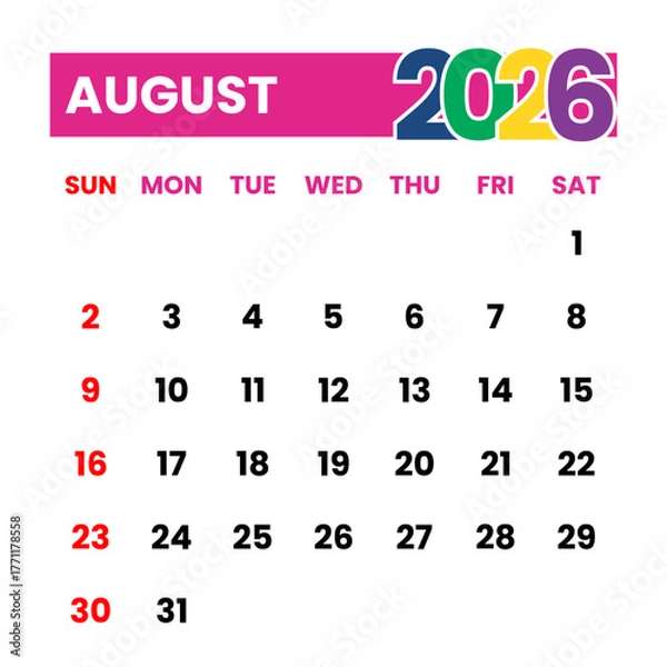 Fototapeta New Year 2026 Calendar: August Month Planner. Modern and Simple Design. August 2026 Monthly Calendar Template. Week Starts Sunday. Printable Desk Planner.