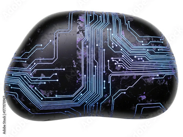 Fototapeta Ancient stone with glowing futuristic circuit board pattern on a transparent background