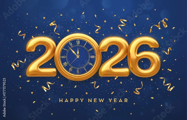 Fototapeta Happy New Year 2026. Golden metallic numbers 2026, gold watch with Roman numeral and countdown midnight, eve for New Year. Merry Christmas and Happy New Year 2026 greeting card. Vector illustration.