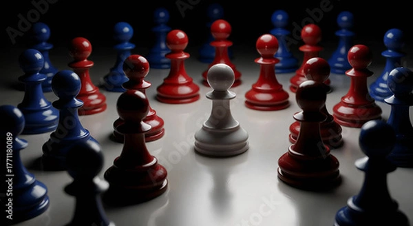 Fototapeta White chess pawn stands alone surrounded by red and blue pawns in strategic formation