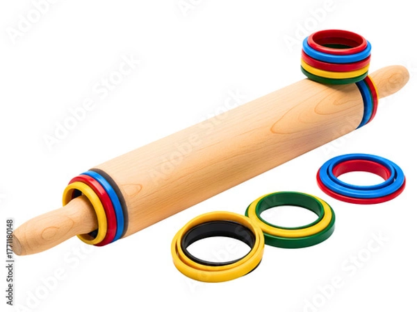 Fototapeta Wooden rolling pin with adjustable rings for baking dough on a transparent background