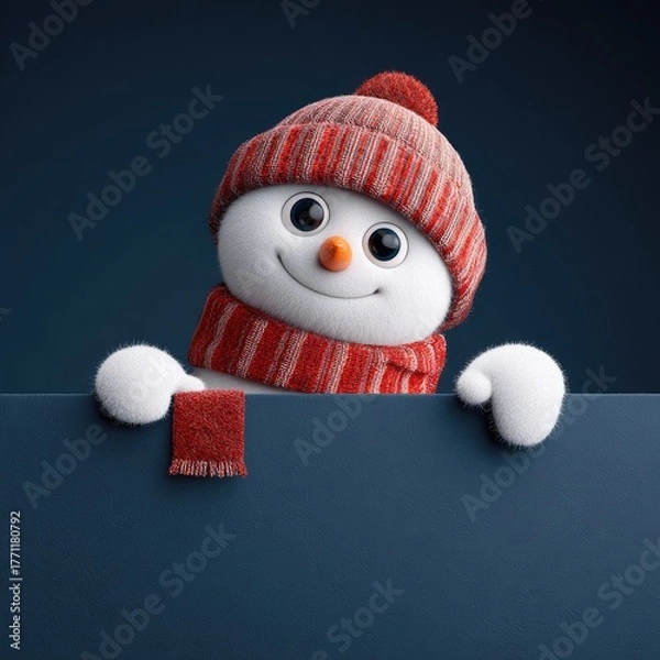 Fototapeta A cheerful snowman, wearing a knitted hat and scarf, peeks over a dark blue sign