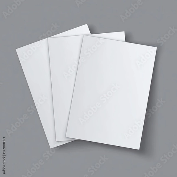 Fototapeta Three blank rectangular paper sheets fanned against a gray background. Clean, organized, and flat