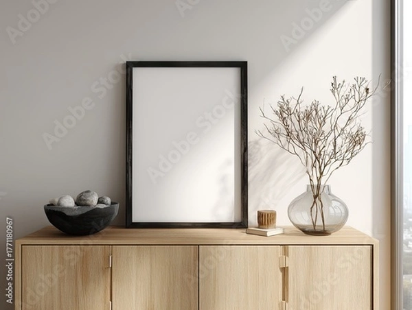 Obraz A blank framed artwork rests atop a wooden cabinet beside a vase and a bowl, light shines