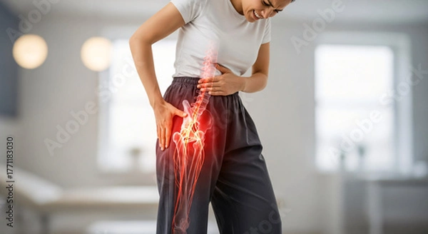 Fototapeta Woman Showing Sciatica Nerve Pain Through Lower Body X-Ray Effect with Intense Red Highlight