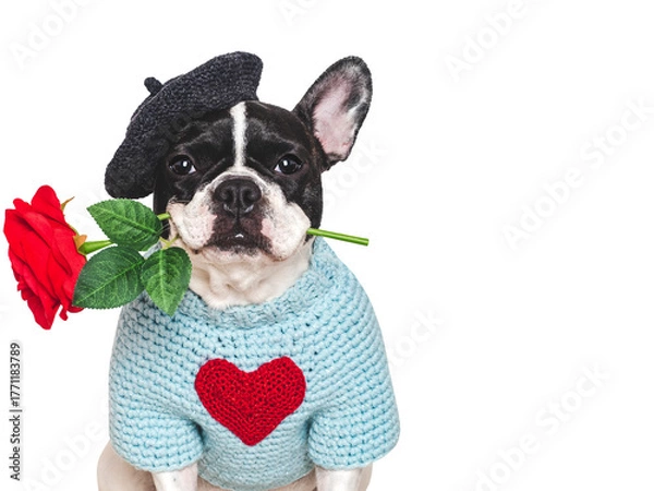 Obraz Cute puppy, red rose and embroidered heart. Beautiful greeting card. Close-up, indoors. Studio shot. Congratulations for family, relatives, loved ones, friends and colleagues. Pets care concept