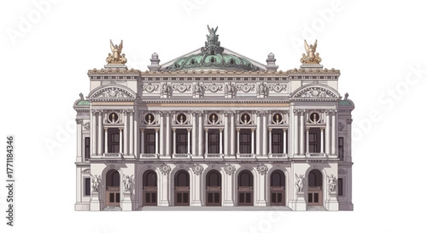 Obraz Detailed illustration of the grand and ornate Palais Garnier opera house in Paris, featuring classical architecture, a prominent dome, and intricate facade details.