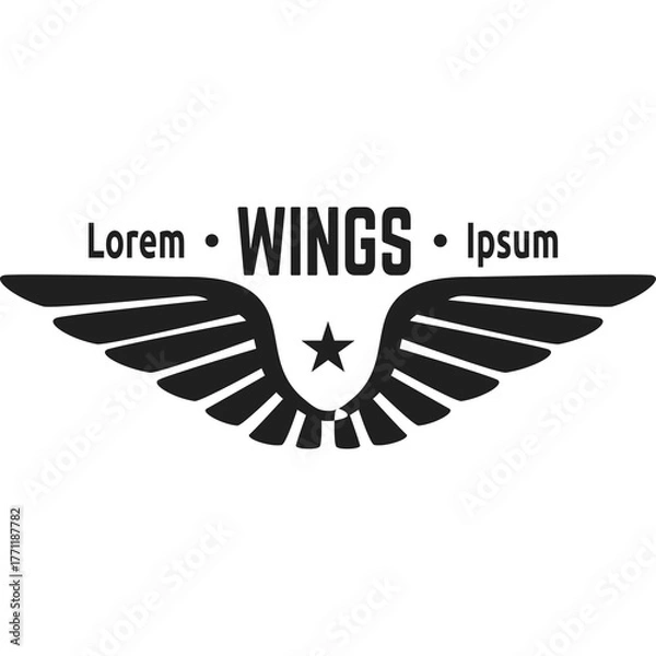 Fototapeta Black Emblem With Stylized Wings And Star In Center With Text Lorem Wings Ipsum Isolated On Transparent Background Minimalist Design
