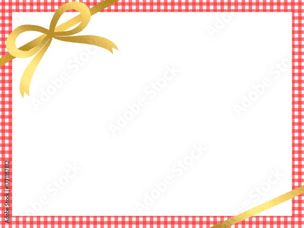Fototapeta 金のリボンが飾られた赤いチェック柄のフレーム背景素材