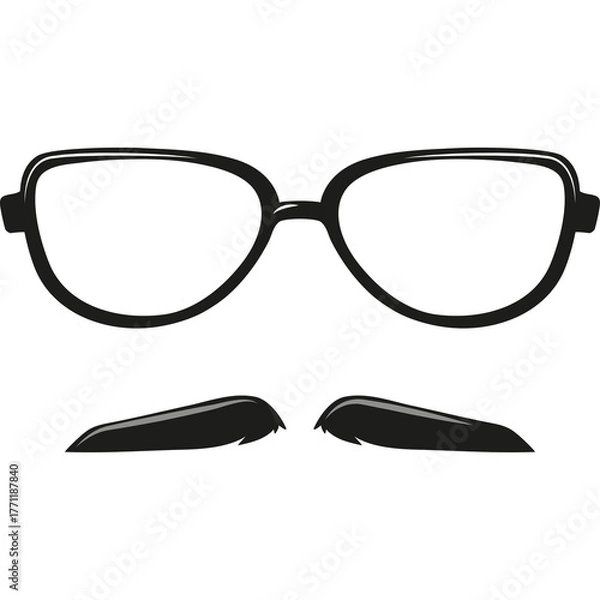 Fototapeta Black Framed Eyeglasses With Handlebars Moustache Illustration On Transparent Background Simple Line Art