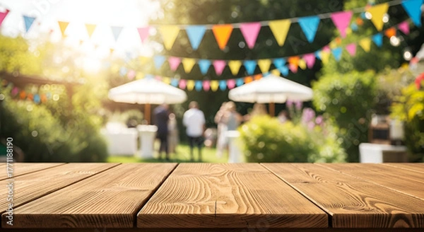 Obraz Outdoor garden party scene with colorful bunting flags and blurred guests enjoying sunny day with umbrellas and lush greenery in background