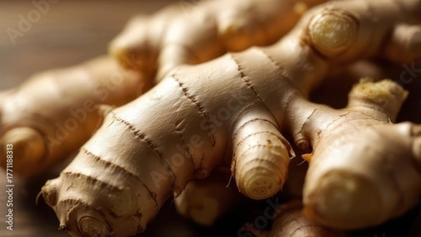 Fototapeta Close up of fresh ginger root on a wooden surface.