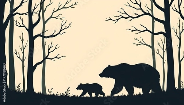 Fototapeta Silhouette Mother Bear and Cub Forest Scene