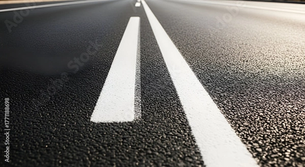 Obraz Close-up of a two-lane asphalt road with white lane markings extending into the distance under bright sunlight for travel transportation and road safety concepts