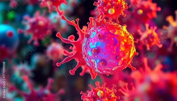 Fototapeta Microscopic view of abstract cellular structures, vibrant colors, medical research,  scientific background,   microscopy