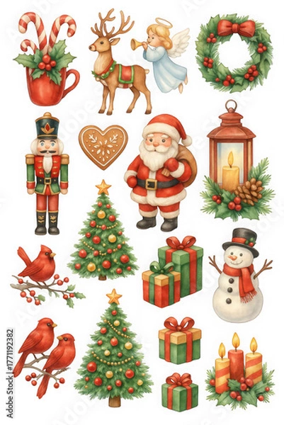 Fototapeta Festive Christmas illustrations featuring Santa, snowman, and nutcracker, along with decorated trees, gifts, and holiday symbols like candles and wreaths