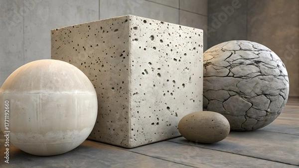 Obraz Realistic Concrete and Natural Stone Texture Samples: Cube and Spherical Forms for Product Rendering