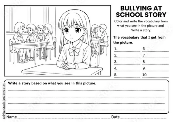 Fototapeta Bullying at School story writing worksheets for kids! Includes creative prompts, SEL reflections, and vocabulary practice to build empathy, kindness, and social awareness for grades 1–3.