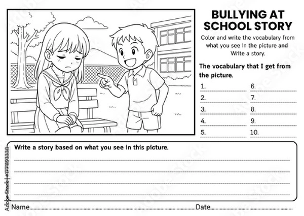 Fototapeta Bullying at School story writing worksheets for kids! Includes creative prompts, SEL reflections, and vocabulary practice to build empathy, kindness, and social awareness for grades 1–3.