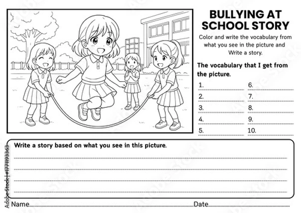 Fototapeta Bullying at School story writing worksheets for kids! Includes creative prompts, SEL reflections, and vocabulary practice to build empathy, kindness, and social awareness for grades 1–3.