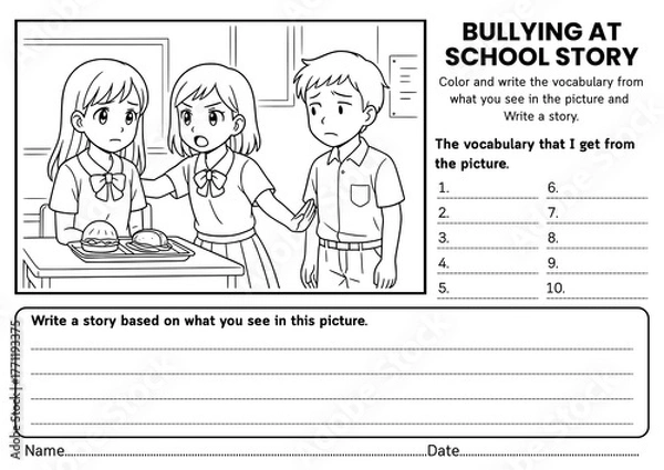 Fototapeta Bullying at School story writing worksheets for kids! Includes creative prompts, SEL reflections, and vocabulary practice to build empathy, kindness, and social awareness for grades 1–3.
