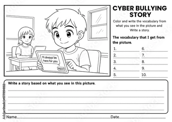 Fototapeta Cyberbullying story writing worksheets for kids! Includes creative prompts, SEL reflections, and vocabulary activities to teach online kindness, empathy, and digital responsibility for grades 1–3.
