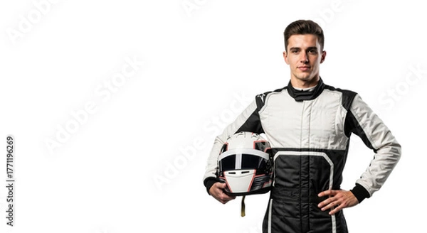Fototapeta Confident race car driver poses with helmet on a pure white backdrop