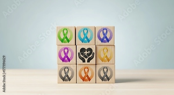 Obraz Awareness Ribbons on Wooden Blocks A Symbol of Hope and Support