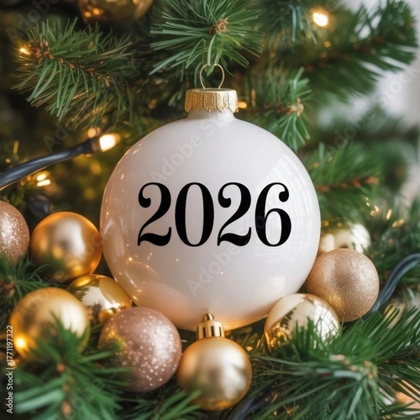 Obraz 2026 christmas ornament on decorated tree with lights