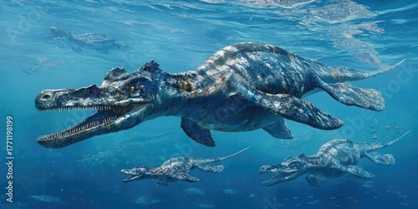 Obraz An underwater scene showcasing several ancient marine reptiles swimming in a blue ocean