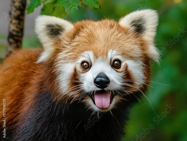 Obraz Close-up view of a red panda looking at the viewer with its mouth open, tongue showing