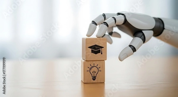 Obraz Robotic Hand Stacking Education Blocks on Desk, Indoor Learning Environment, Close-Up Focused View