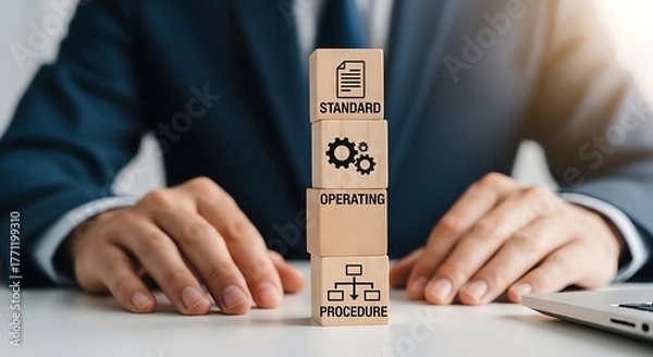 Fototapeta Businessman Creating Standard Operating Procedures with Block Stacking in Office Environment