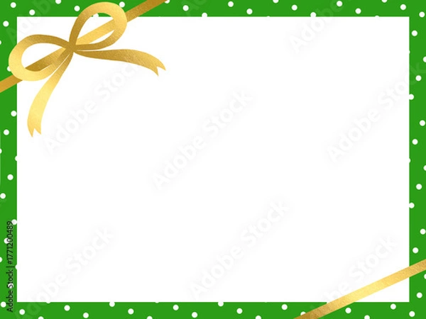 Fototapeta 金のリボンが飾られた緑のドット柄のフレーム背景素材