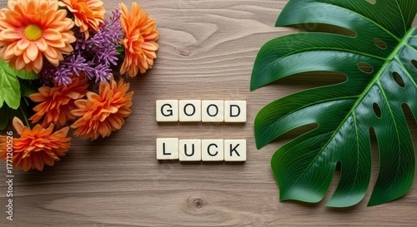 Obraz Good luck spelled out with flowers and a monstera leaf on a wooden background flat lay arrangement