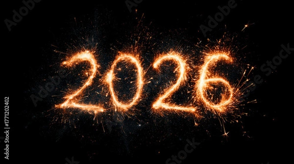 Fototapeta Glowing 2026 numbers created with golden sparkler trails isolated on white background. 