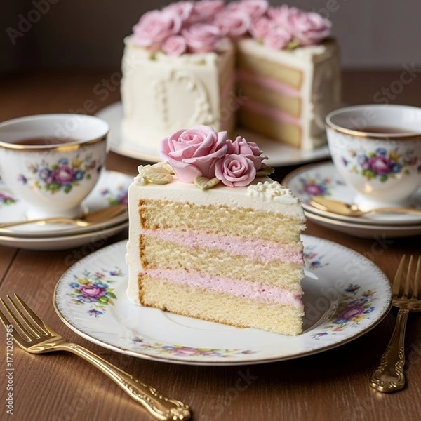 Fototapeta Beautiful dessert presentation showing a slice of layered vanilla cake with pink filling, topped with sugar roses, served on fine floral china next to a teacup in a classy vintage tea setting