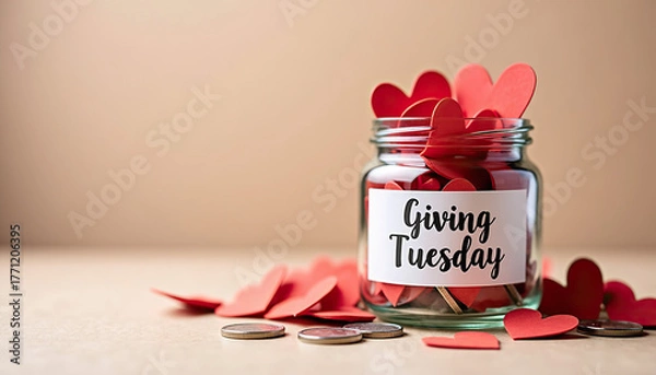 Fototapeta Glass jar filled with red heart-shaped tokens for Giving Tuesday representing generosity and love
